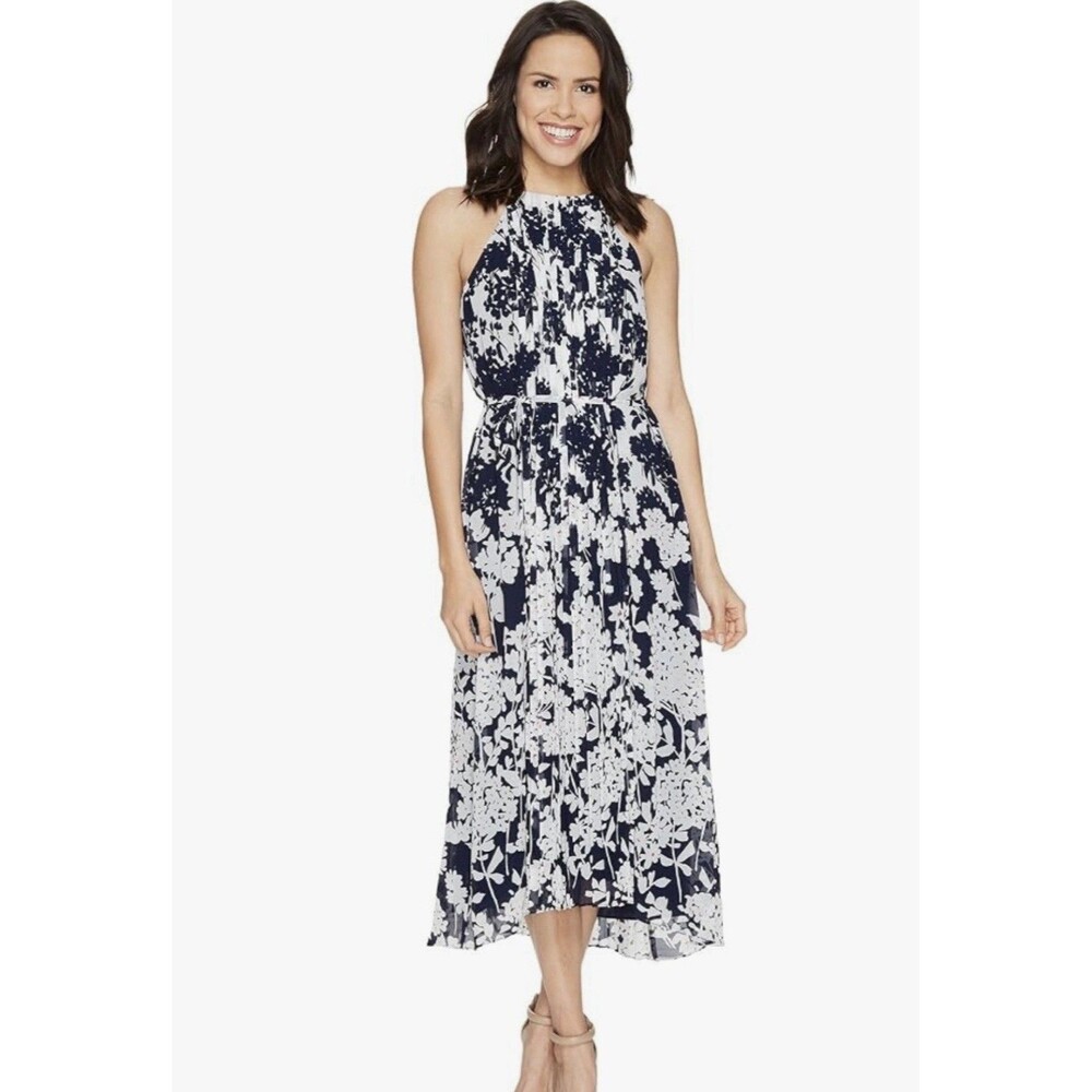 Donna Morgan Sz 0 Midi Chiffon Halter Dress Flowy Pleated Navy Floral Lined